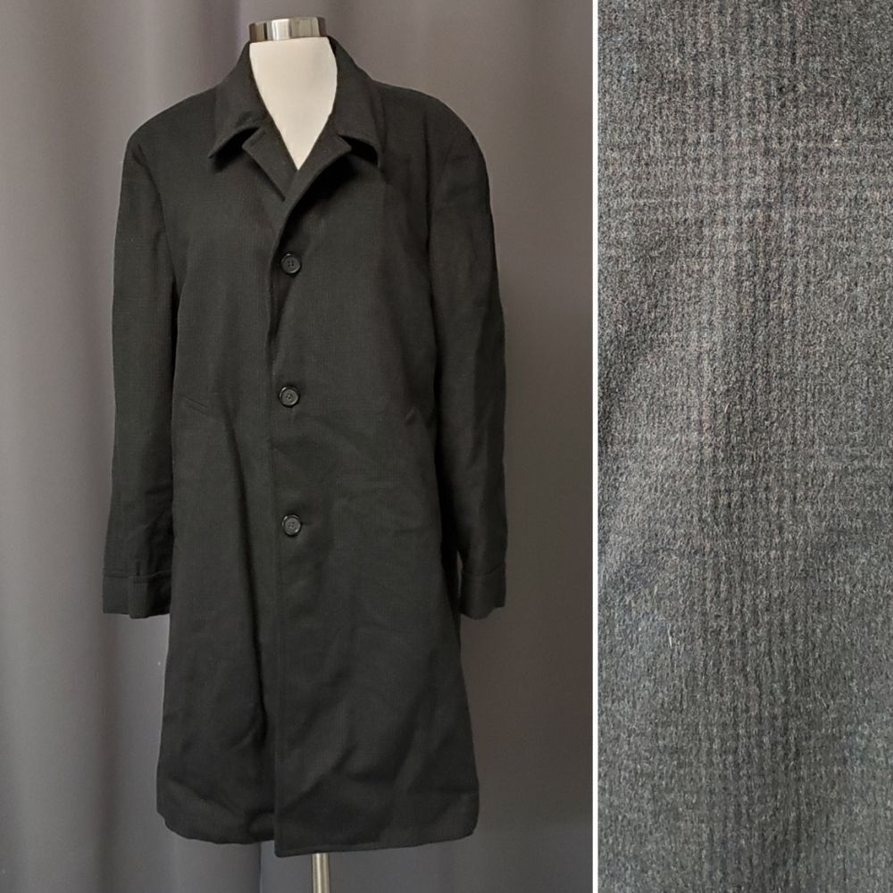 Vintage 50s Union Made Preppy Dark Charcoal Gray Wool Glen Plaid Trench Coat